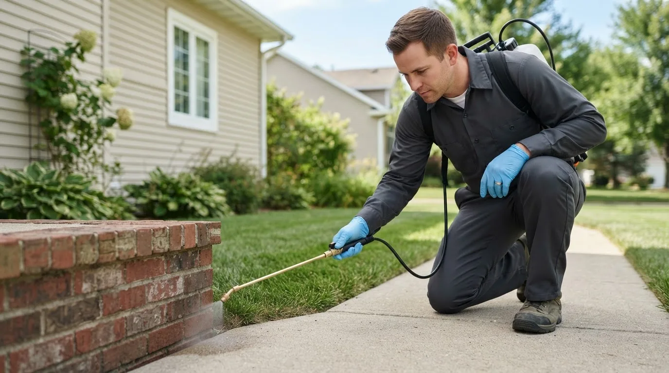 Pest control technician treating a home near Bend, OR